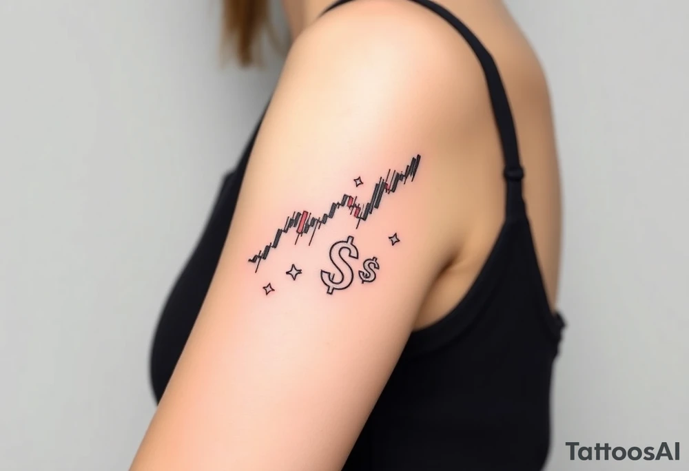 Create a unique tattoo design for a Forex trader. Include symbols of trading like a bullish candlestick chart, currency symbols (e.g., EUR, USD, GBP, JPY), and creative elements representing financial growth and strategy. The style should be minimalist black linework, modern and elegant, suitable for an arm or forearm tattoo.” tattoo idea