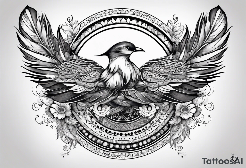 Mandala feather with birds, music, yin and yang, water tattoo idea