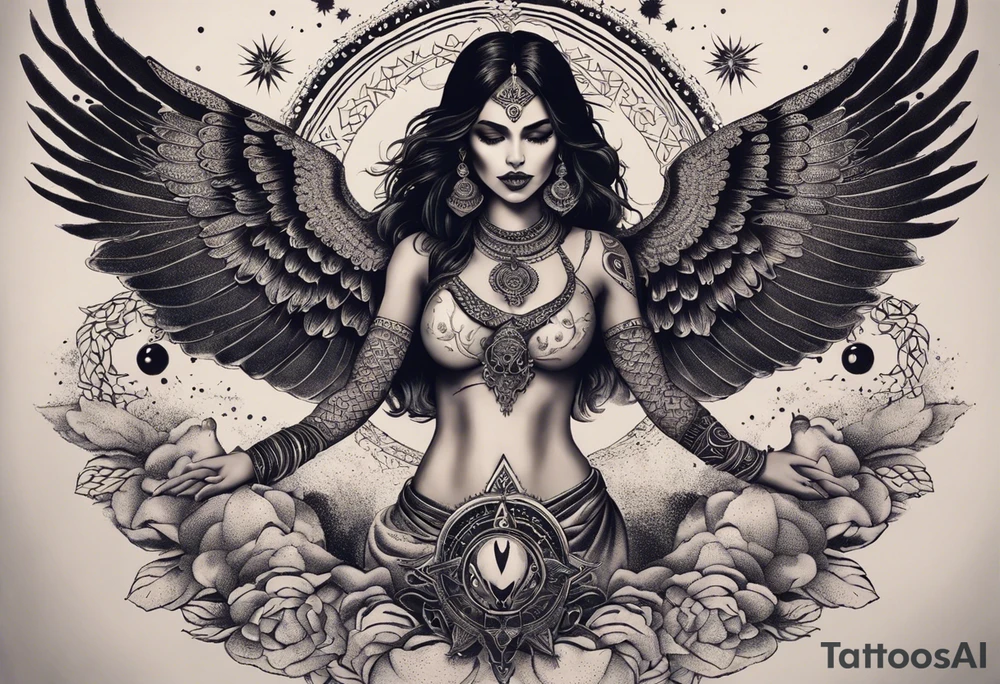 black kali, goddess pirate, alien, angel, pachamama, valkrye, warrior, flying, skull, lotus azul, wing, eagle, zenza resonance, stars, 5D, anahata chakra, death, durga, riding on a tiger, flying lady, chest tatoo tattoo idea