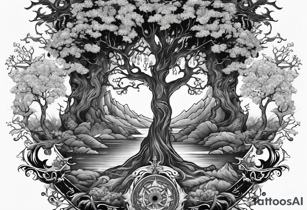 Yggdrasil growing around pisces sing and a long sword underneath tattoo idea