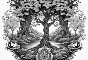 Yggdrasil growing around pisces sing and a long sword underneath tattoo idea