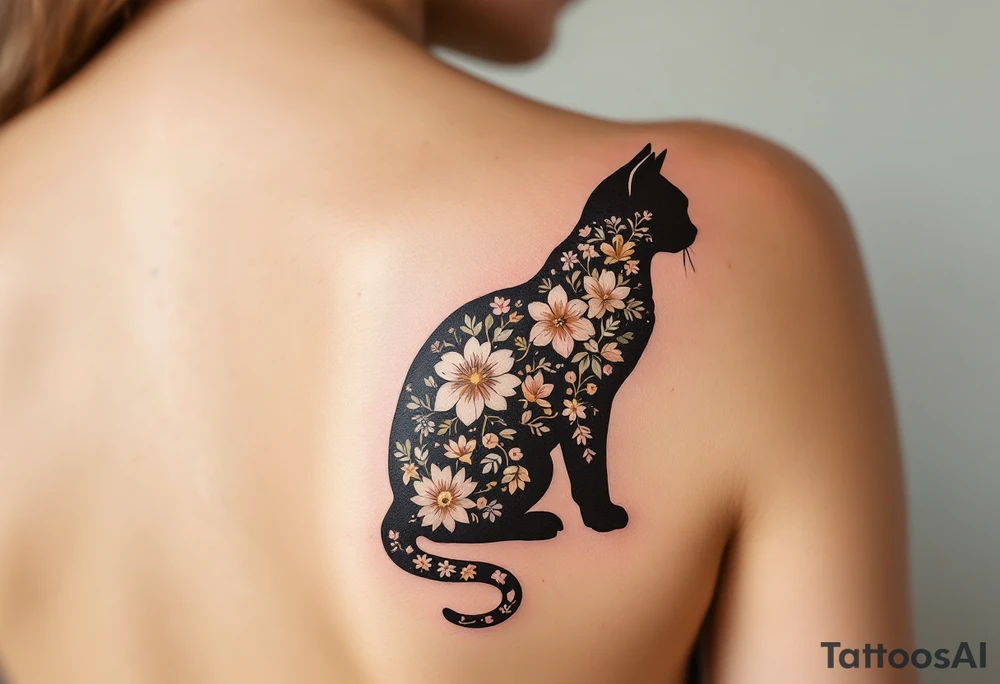 Floral Cat Silhouette – A dark brown silhouette filled with intricate floral patterns placed on shoulder blade soft colors like rose, olive green, and beige. tattoo idea
