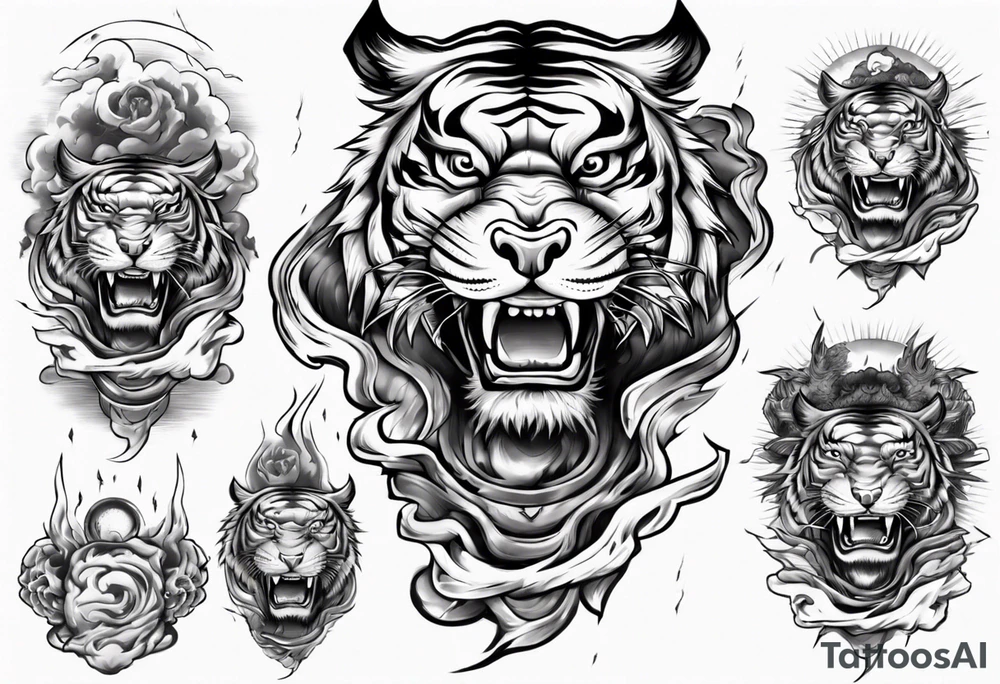 Tiger warrior with lightning and the sun for a forearm sleeve tattoo idea