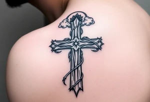 A very detailed and big cross that has thorn vines from a rose wrapping around it but with no flower just the thorns vines and then a halo above the cross with clouds around it tattoo idea