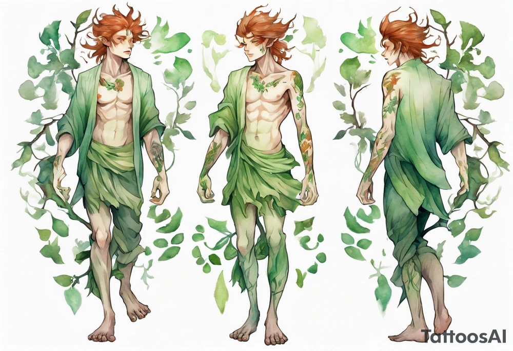 a slender and beautiful male dryad with pale green skin and auburn hair and roots for feet tattoo idea