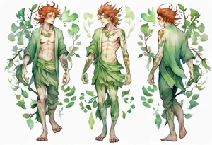 a slender and beautiful male dryad with pale green skin and auburn hair and roots for feet tattoo idea