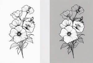 a flower bouquet including sweet pea, larkspur, morning glory and cosmos tattoo idea
