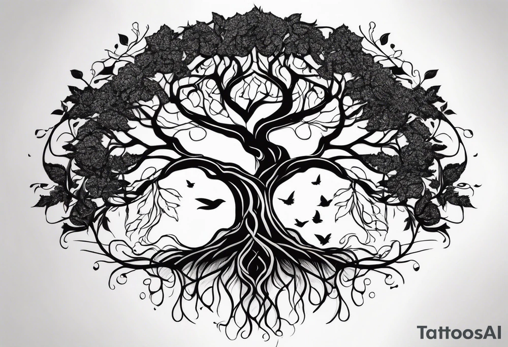 tree with long roots and branches tattoo idea