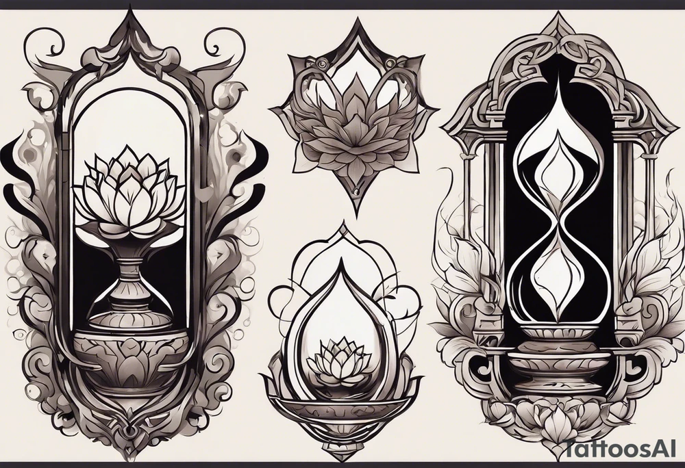 Tattoo Design Instructions:

Central Hourglass: Place in the middle; dark sand at the top, light sand flowing down.
Lotus Flower: Grow from the base of the hourglass, symbolizing growth from hardship.
Family Scene: On one side, depict two boys holding hands, looking up at a larger protective mother figure.
Betrayal Symbolism: Add a broken chain near the hourglass's bottom; a rising phoenix beside it.
Pathway of Growth: A path with stepping stones leading upwards; include a koi fish, crane, and yin-yang symbols.
Asian Elements: Scatter cherry blossoms, waves, and wind patterns; add Kanji for key values like "loyalty" and "strength."
Color and Style: Use black and grey with hints of pink, white, and orange.
Placement: Best as a sleeve or back piece for full detail and flow. tattoo idea