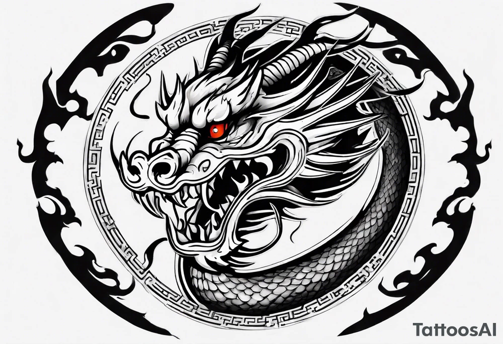Chinese dragon in a circular shape with "02.03" written on its skin tattoo idea