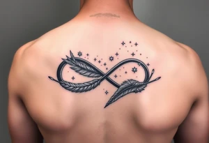 infinity symbol woven with floating feathers and stardust tattoo idea