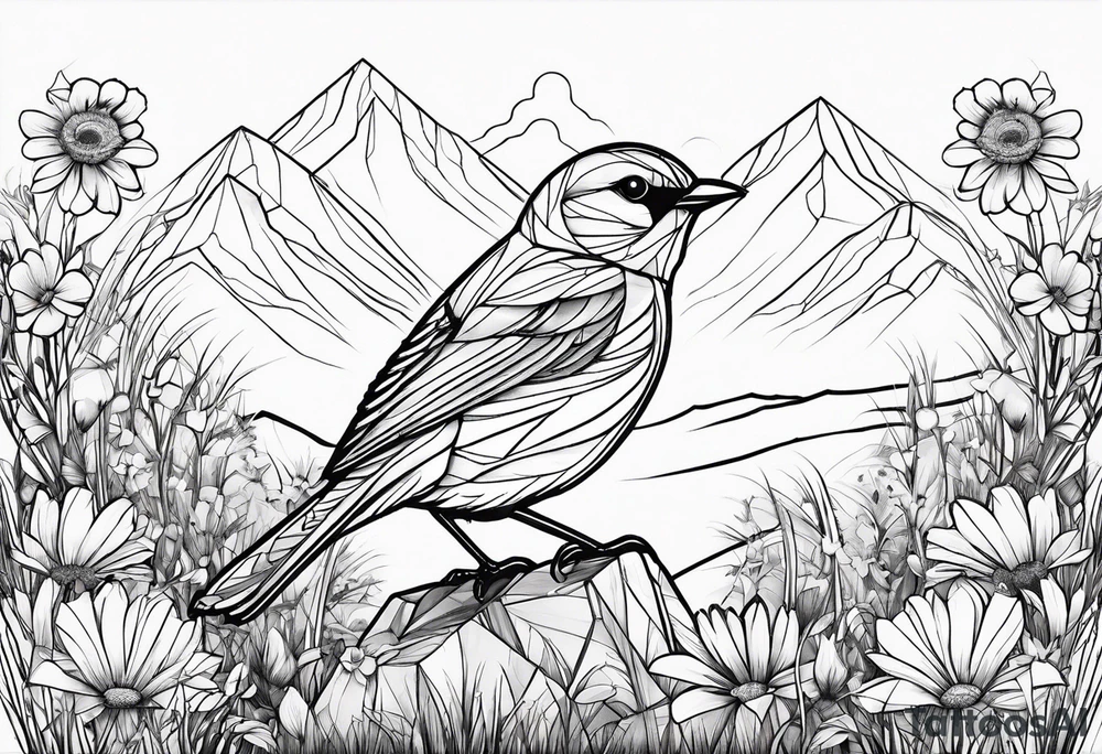 Geometric small bird outline sitting in grass and daisys with mountains in the background tattoo idea
