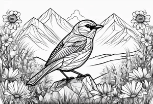 Geometric small bird outline sitting in grass and daisys with mountains in the background tattoo idea