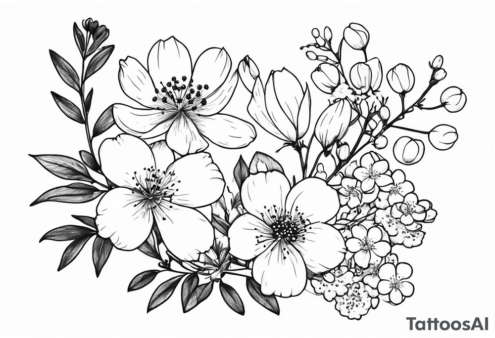 minimalist wrapping botanicals with cosmos flower, cherry blossoms, rowan tree berries and flowers, and lily of the valley tattoo idea