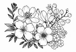 minimalist wrapping botanicals with cosmos flower, cherry blossoms, rowan tree berries and flowers, and lily of the valley tattoo idea