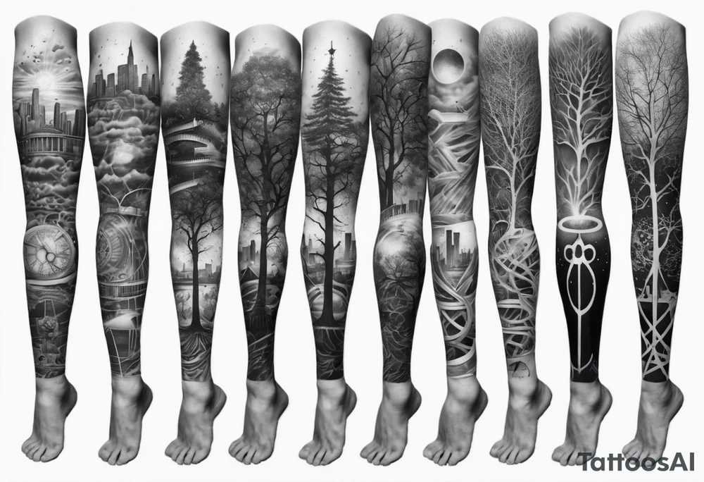 full arm sleeve tattoo combining images of DNA, science, guitar, music, tree of life, cityscape, masculine tattoo idea