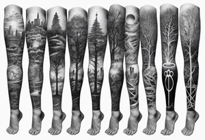 full arm sleeve tattoo combining images of DNA, science, guitar, music, tree of life, cityscape, masculine tattoo idea