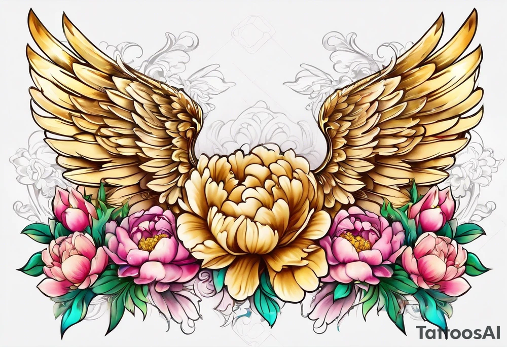 beautiful golden angel wings with colorful peonies. beautiful flilligree in the background , full color tattoo idea