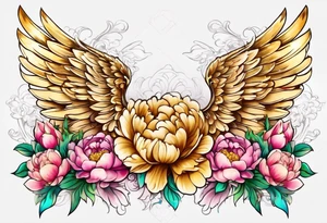 beautiful golden angel wings with colorful peonies. beautiful flilligree in the background , full color tattoo idea