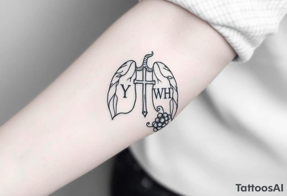 Initials "YH WH" in lungs with cross and grape on vine tattoo idea