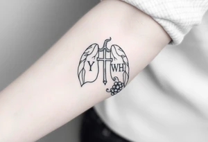 Initials "YH WH" in lungs with cross and grape on vine tattoo idea