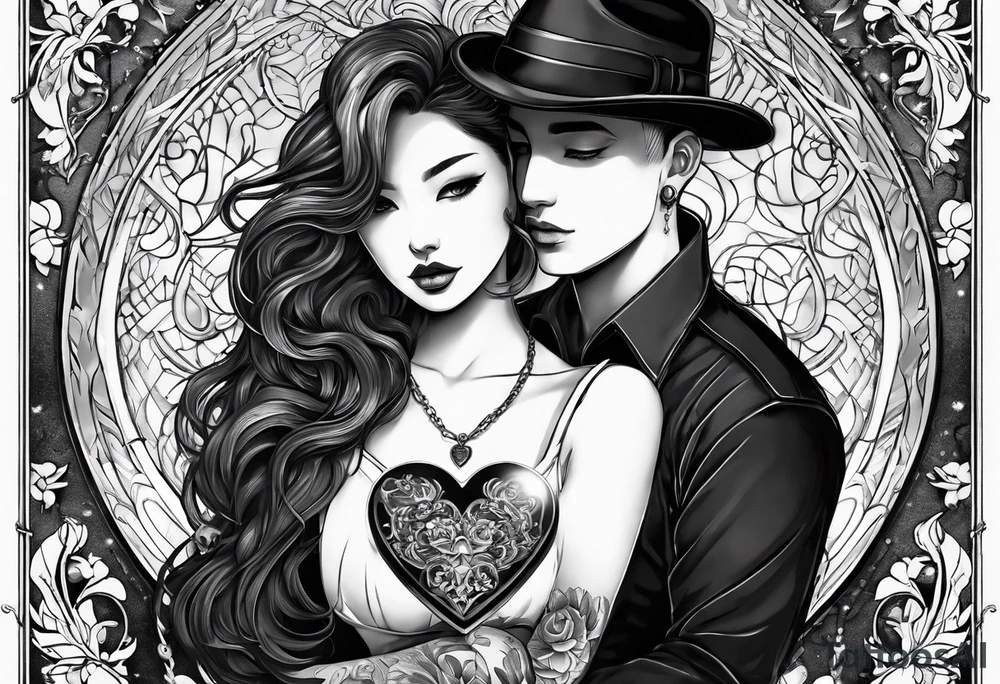necklace heart locket with a male and female shadow hugging tattoo idea