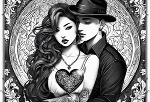 necklace heart locket with a male and female shadow hugging tattoo idea