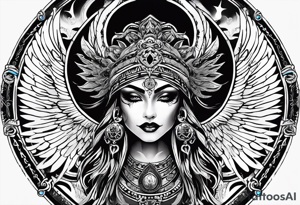 black kali, goddess pirate, alien, angel, pachamama, valkrye, warrior, flying, skull, lotus azul, wing, eagle, zenza resonance, stars, 5D, anahata chakra tattoo idea