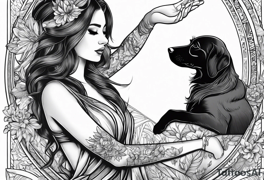 female dog reaching for hand of woman facing backwords tattoo idea