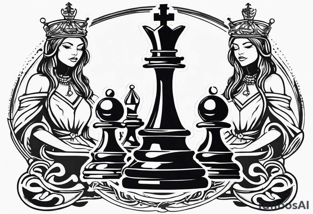 chess queen piece with two pawns on her side spiritual style tattoo idea
