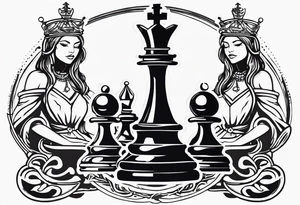 chess queen piece with two pawns on her side spiritual style tattoo idea