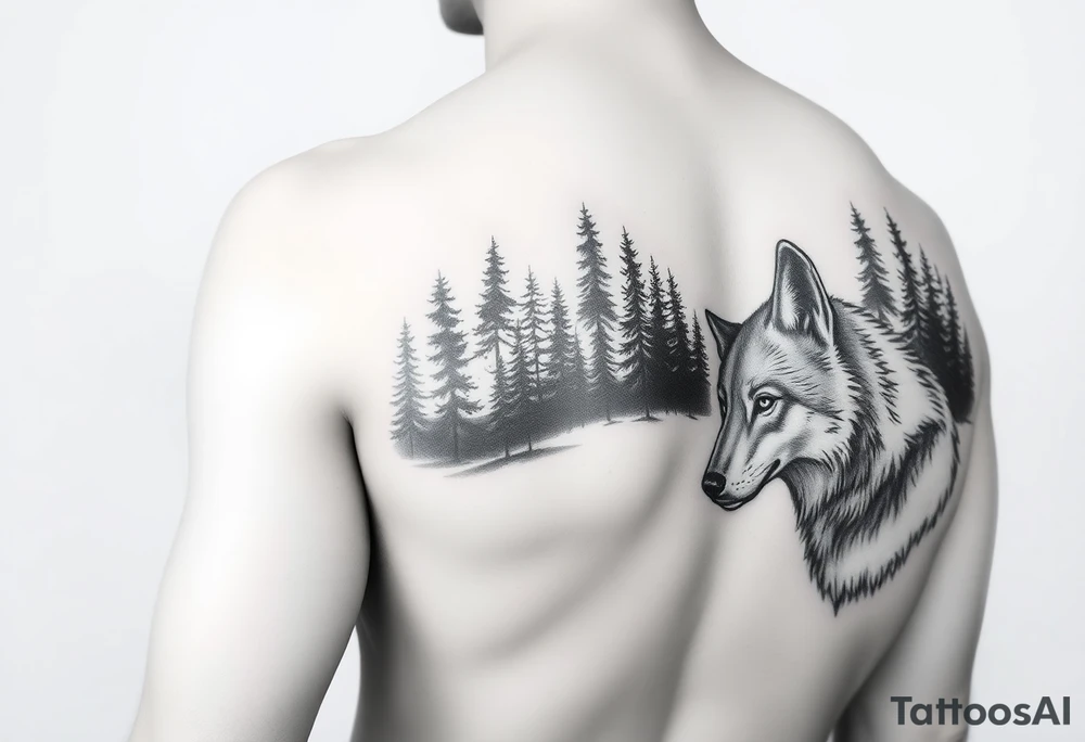 Night time forest scene arm sleeve with a wolf on the right arm tattoo idea