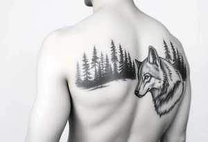 Night time forest scene arm sleeve with a wolf on the right arm tattoo idea