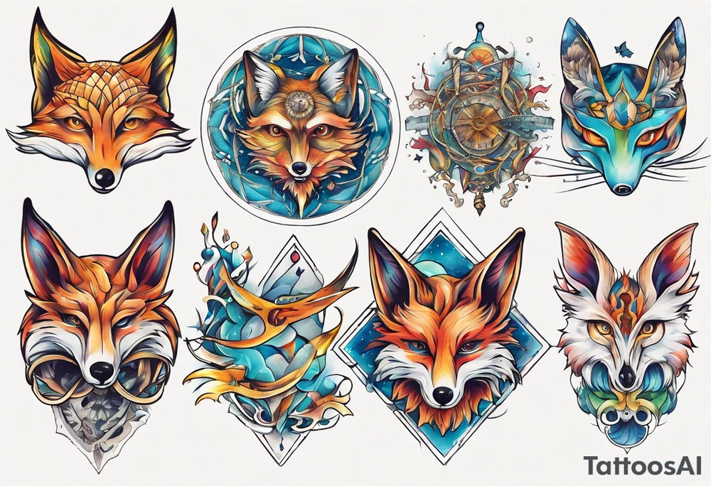 fisch, fuchs und eule , symetrie universum, bunt tattoo idea