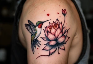 hummingbird drinking from lotus flower (Red and black colors only) tattoo idea