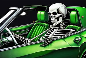 Skeleton smoking a cigarette driving a green 1976 convertible Corvette tattoo idea