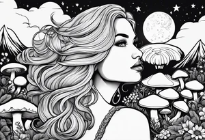 Chubby old blonde woman long hair thin lips surrounded by mushrooms crescent moon mountains background "GRACEFUL" tattoo idea