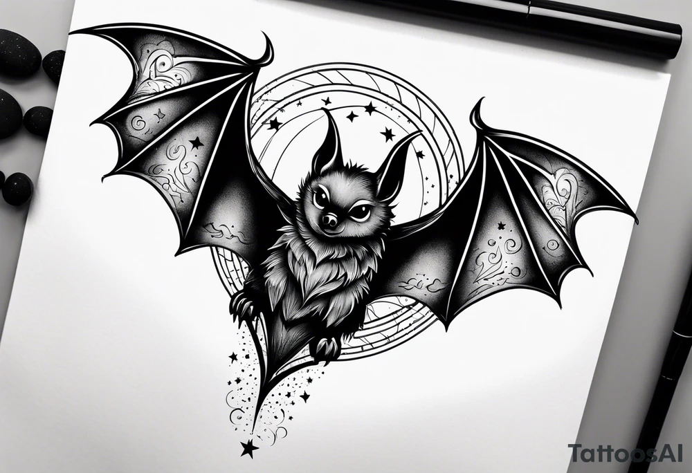 A bat wrapped in clouds and smoke with stars and sparkles and a moon tattoo idea