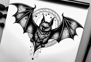 A bat wrapped in clouds and smoke with stars and sparkles and a moon tattoo idea