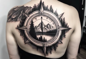 compass on shoulder with grand Tetons in the middle tattoo idea