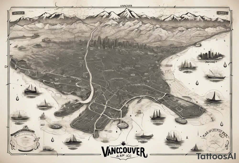 A overview old school map of vancouver B.C with water drop staining and major roadways highlighted with honeycomb tattoo idea