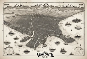 A overview old school map of vancouver B.C with water drop staining and major roadways highlighted with honeycomb tattoo idea