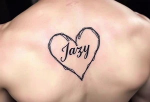 upper arm tattoo -broken heart outline for a deceased best friend with the name Jazy incorporated tattoo idea