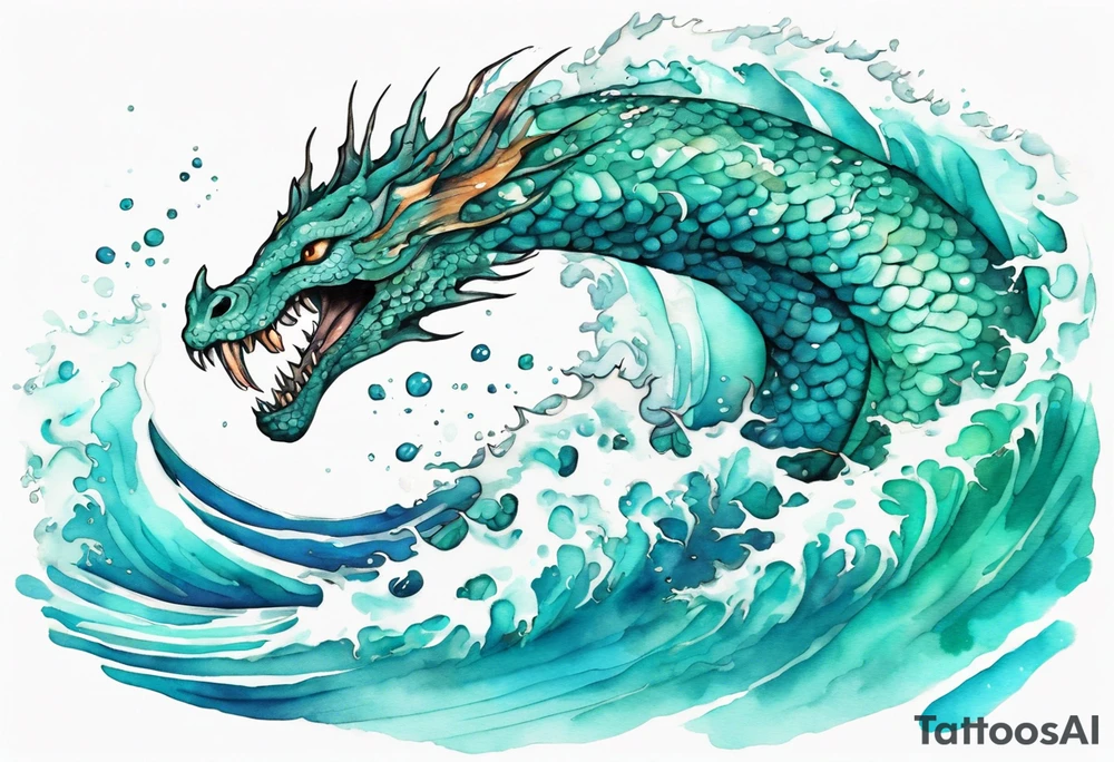 a beautiful turquoise sea serpent emerging from an ocean wave, crashing onto the shore tattoo idea