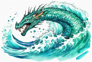 a beautiful turquoise sea serpent emerging from an ocean wave, crashing onto the shore tattoo idea