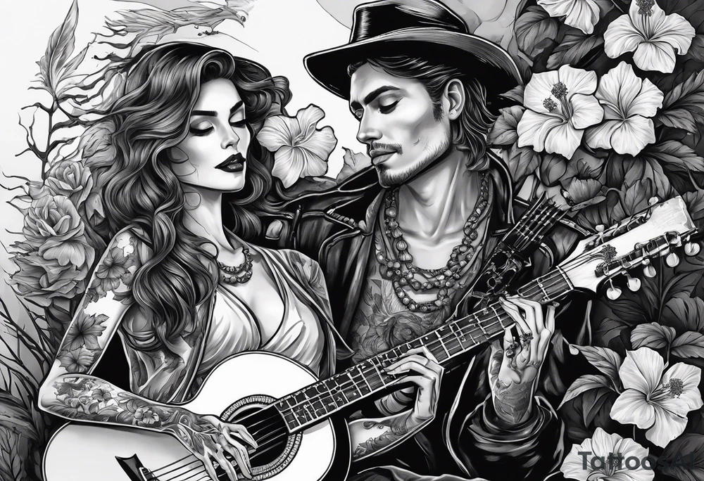 a female skeleton holding a hibiscus flower and a male skeleton playing a guitar. The scene should capture a moment of connection between the two, with the female skeleton attentively listening to the music played by the male skeleton. tattoo idea