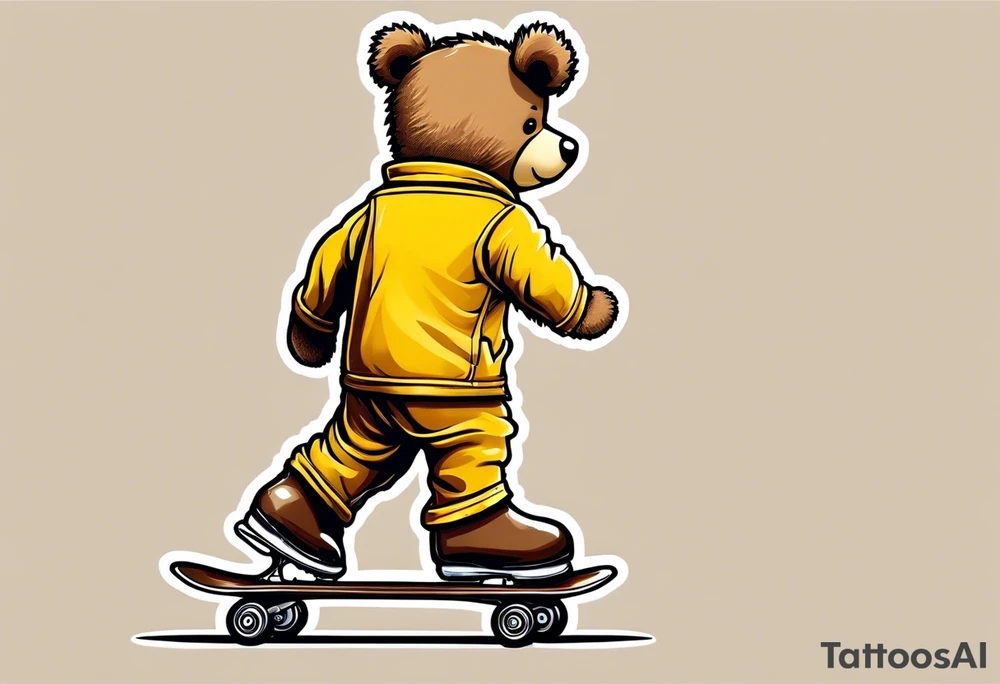 the back of one standing, skinny, brown ,
teddy bear in long, yellow overalls and white roller skates on his feet tattoo idea
