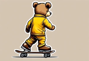 the back of one standing, skinny, brown ,
teddy bear in long, yellow overalls and white roller skates on his feet tattoo idea