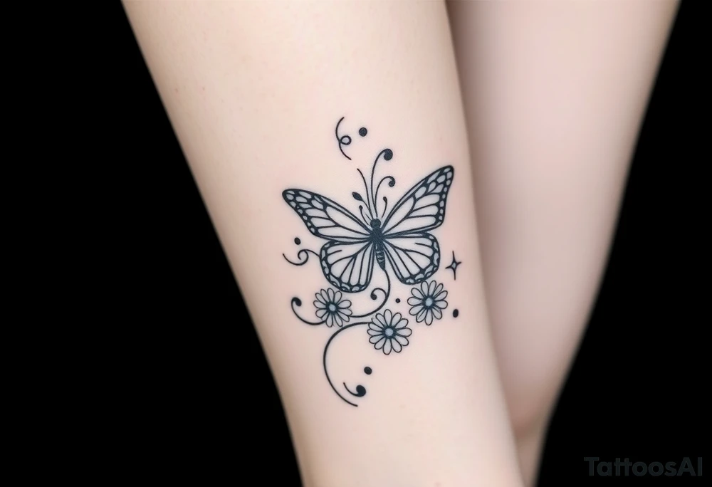 swirl pattern with butterfly and daisy leg tattoo design drawon on leg. i want to sell this in zepeto i want it too be shown on thigh to ankle and be asymmetrical please also show the overall image of total leg too 

ㅁ tattoo idea
