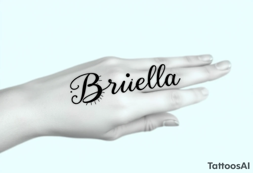 "Briella" in gangsterfont on hand along thumb tattoo idea